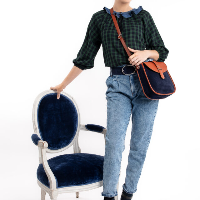 Daguet - Sac Agnès - Camel - Velours bleu nuit