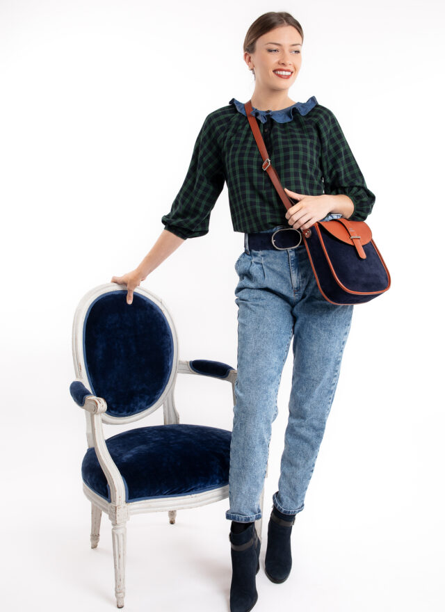 Daguet - Sac Agnès - Camel - Velours bleu nuit