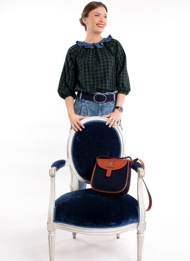 Daguet - Sac Agnès - Camel - Velours bleu nuit