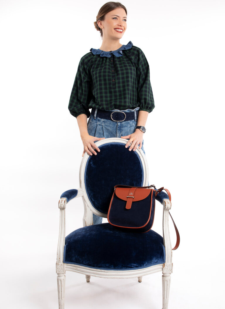 Daguet - Sac Agnès - Camel - Velours bleu nuit