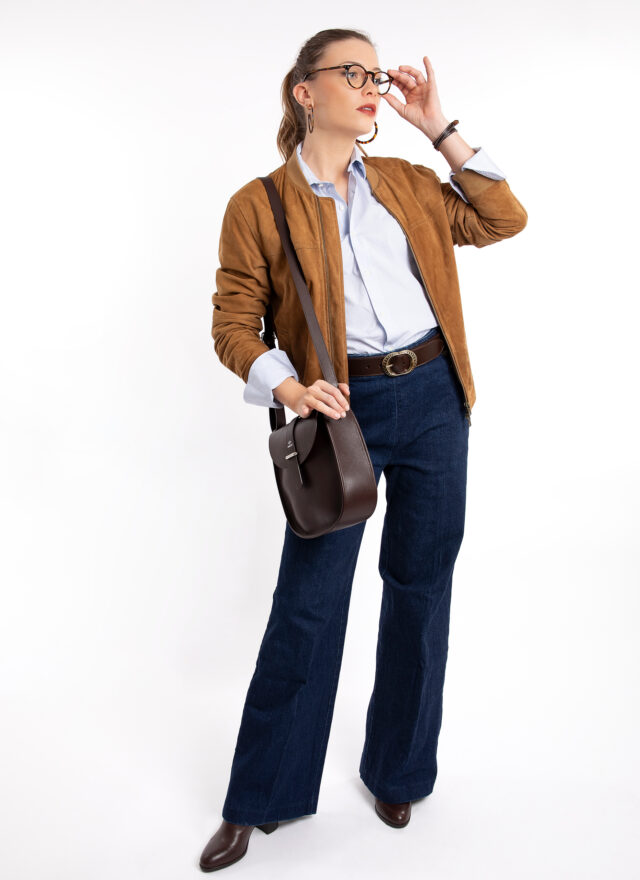 Daguet - Sac Agnès - Marron - Velours bleu nuit