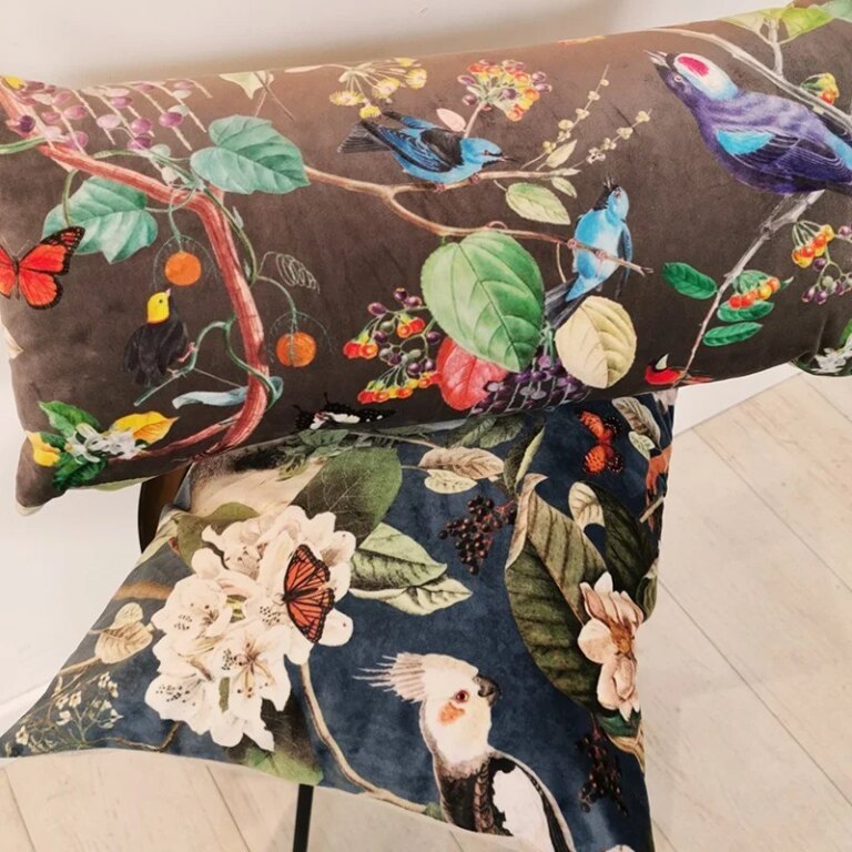 Fleur de Soleil - Coussin velours oiseaux taupe