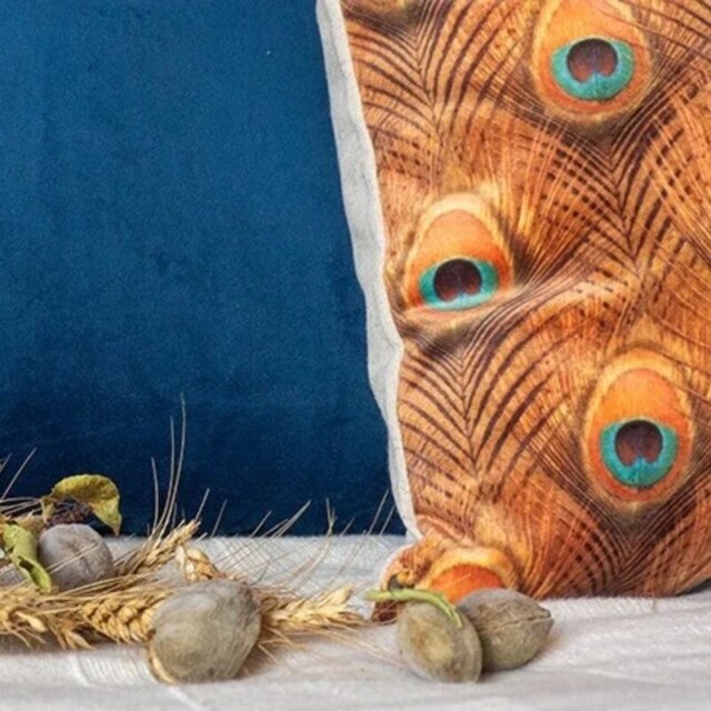 Fleur de Soleil - Coussin velours plumes paon orange