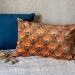 Fleur de Soleil - Coussin velours plumes paon orange