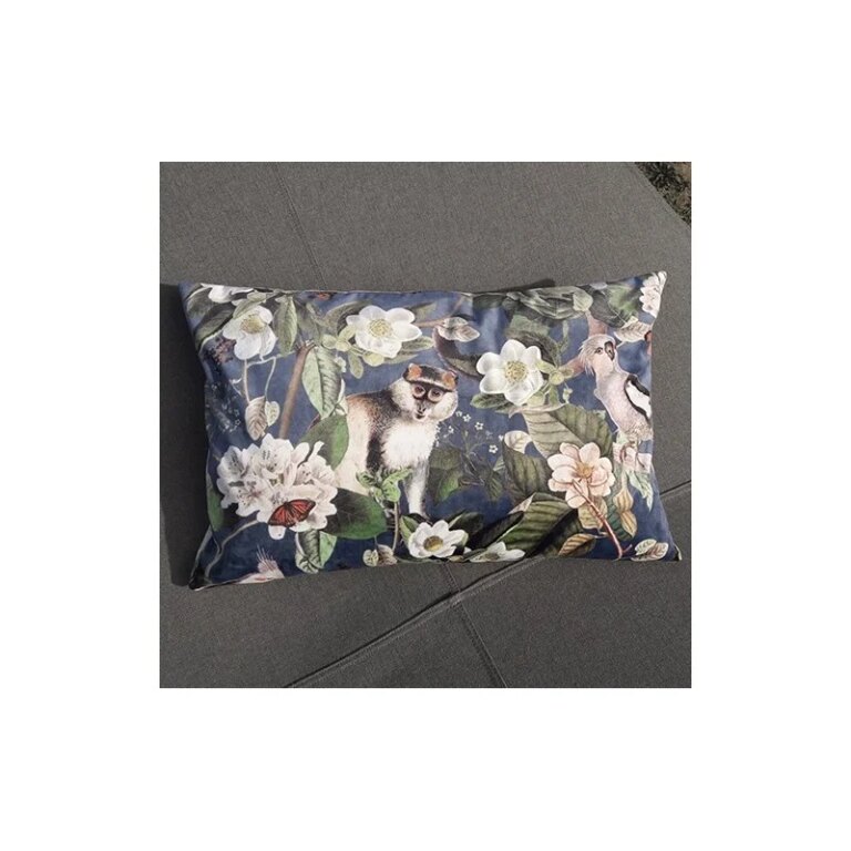 Fleur de Soleil - Coussin velours singe et perroquets bleu