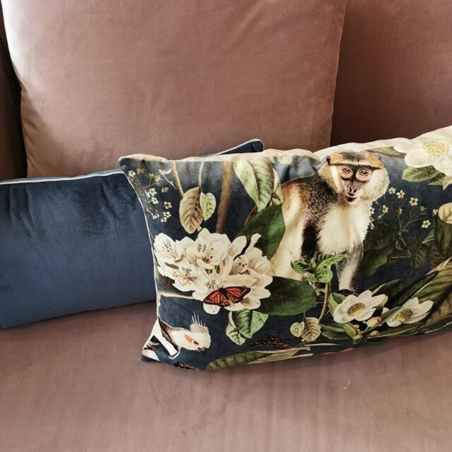 Fleur de Soleil - Coussin velours singe et perroquets rouge