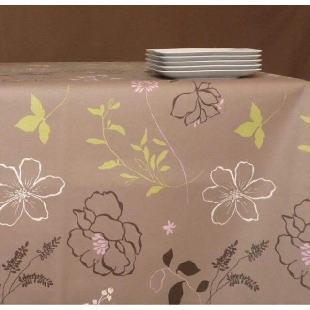 Fleur de Soleil - Nappe enduite Camélia taupe rose