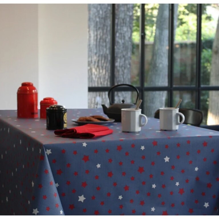 Fleur de Soleil - Nappe enduite Etoiles denim rouge