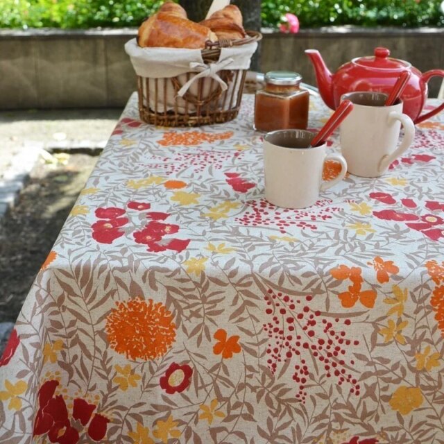 Fleur de Soleil - Nappe enduite Mimosa rouge fond lin