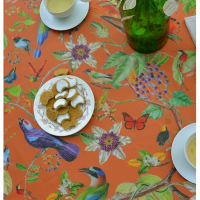 Fleur de Soleil - Nappe enduite Oiseaux caramel orange