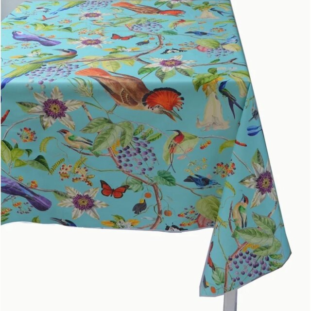 Fleur de Soleil - Nappe enduite rectangulaire Oiseaux turquoise