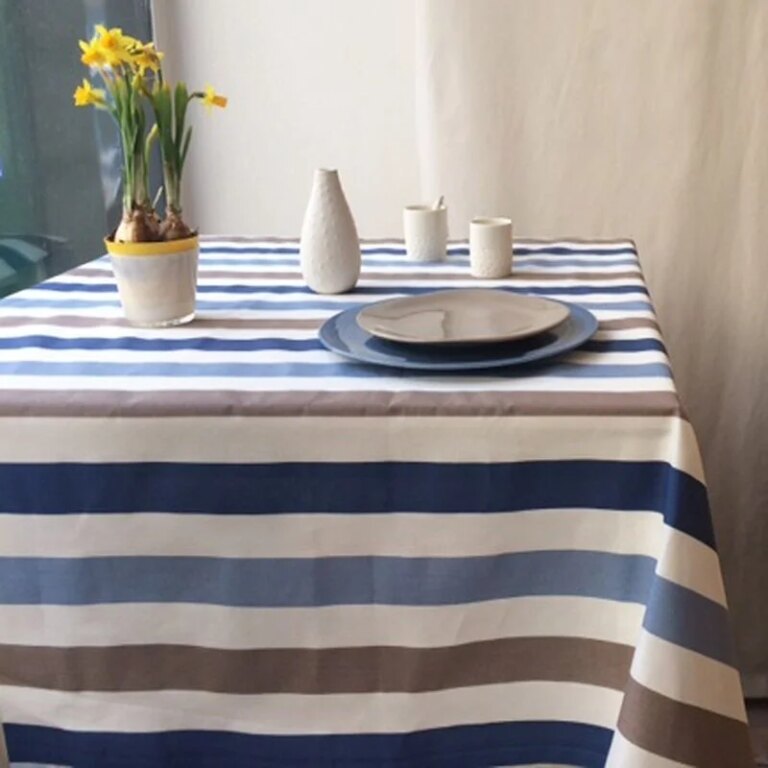 Fleur de Soleil - Nappe enduite Rayure taupe bleu