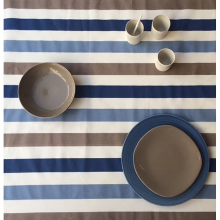 Fleur de Soleil - Nappe enduite Rayure taupe bleu