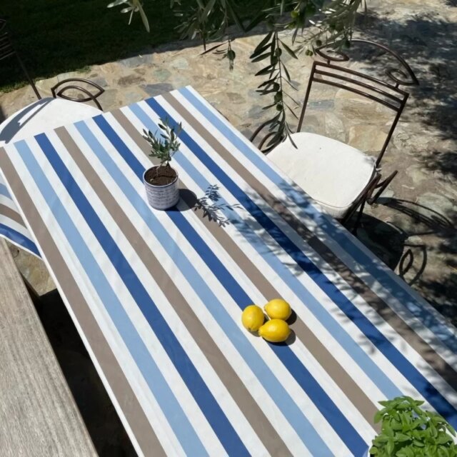 Fleur de Soleil - Nappe enduite Rayure taupe bleu