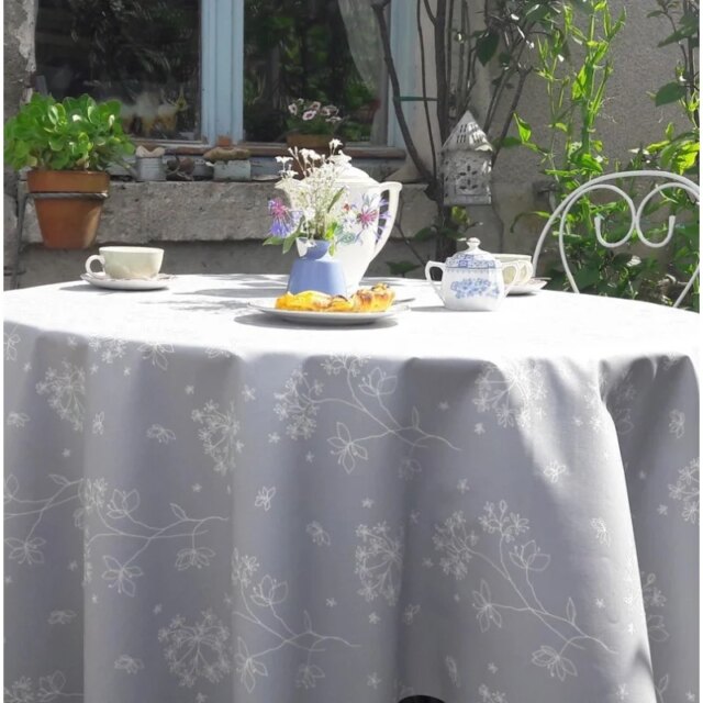 Fleur de Soleil - Nappe enduite ronde ou ovale Astrance gris blanc