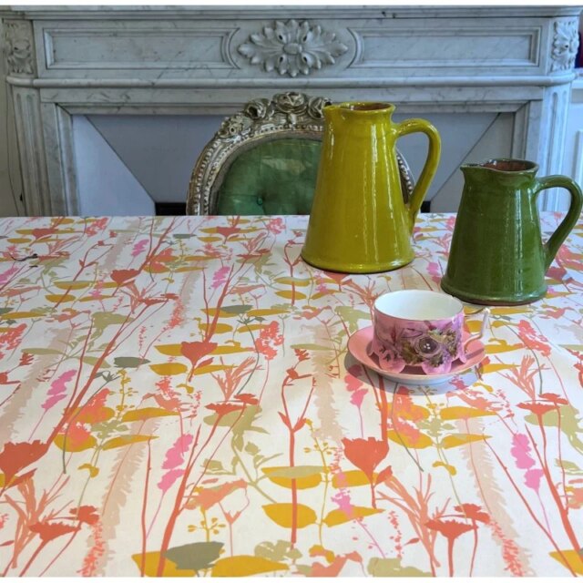 Fleur de Soleil - Nappe enduite ronde ou ovale Champêtre rose