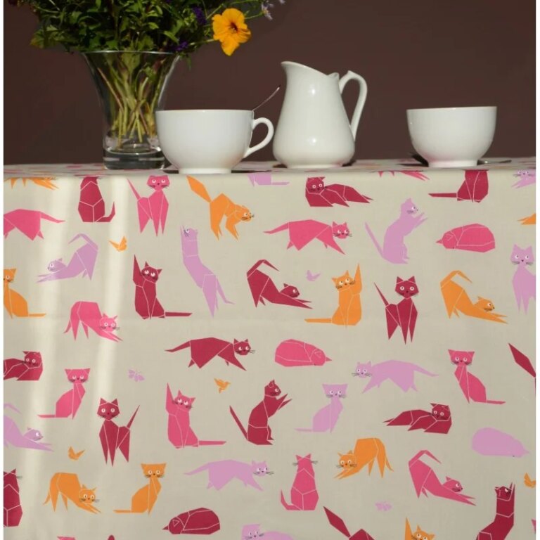 Fleur de Soleil - Nappe enduite ronde ou ovale Chats rose