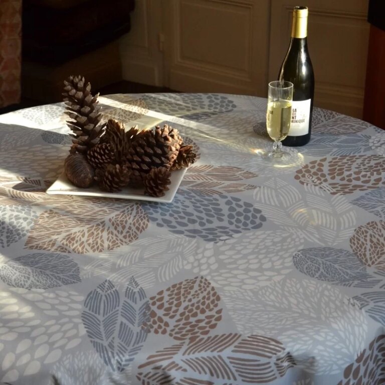 Fleur de Soleil - Nappe enduite ronde ou ovale Feuilles Gris Beige