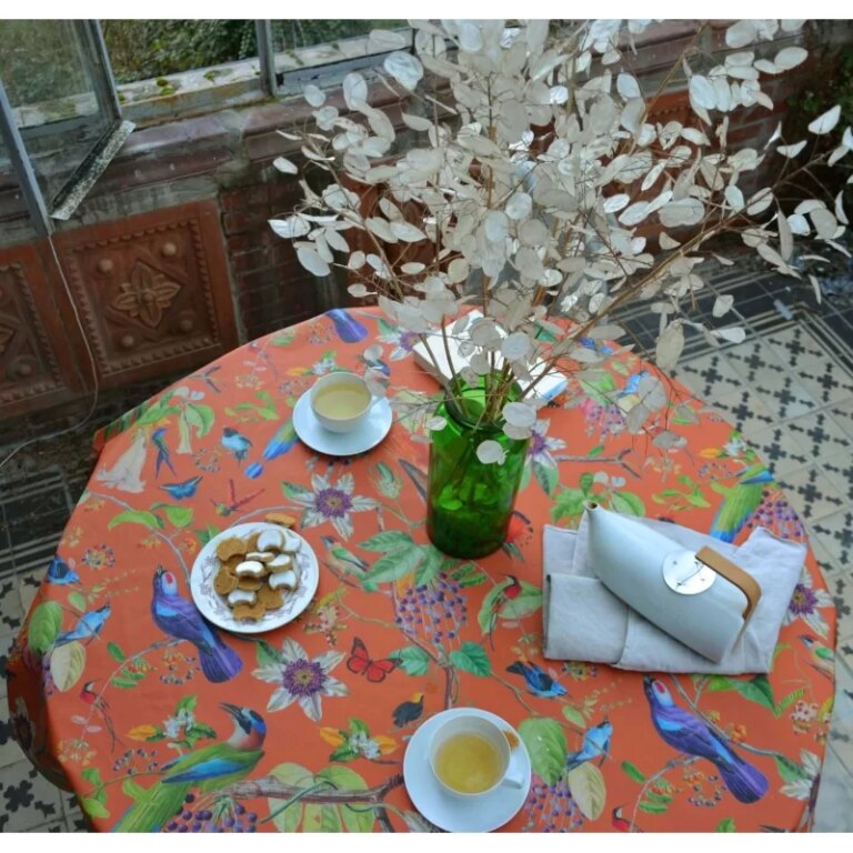 Fleur de Soleil - Nappe enduite ronde ou ovale Oiseaux caramel