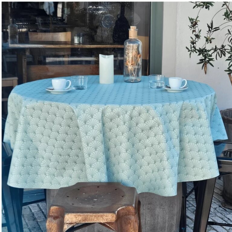 Fleur de Soleil - Nappe enduite ronde ou ovale Papyrus vert d'eau