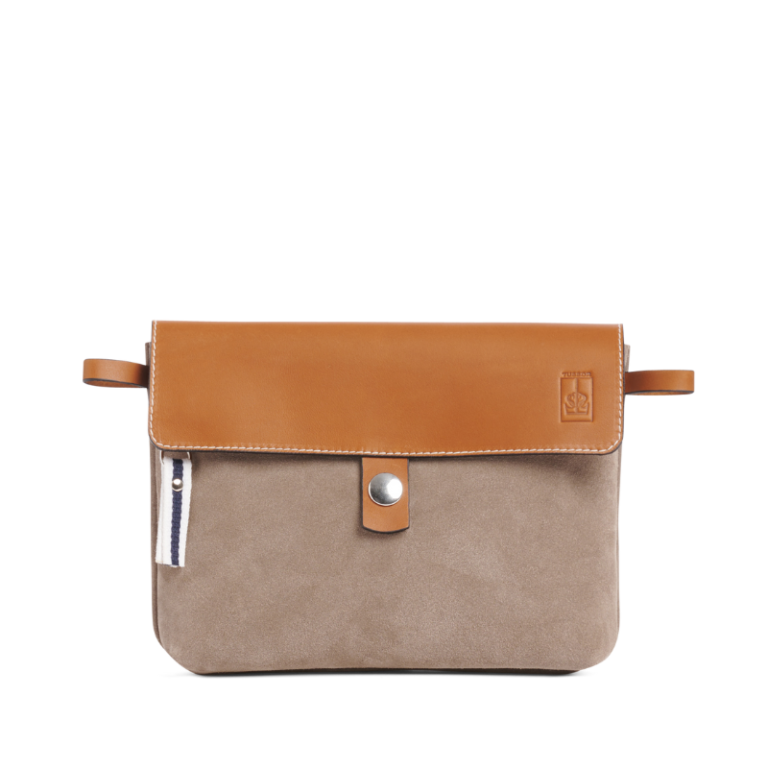 TUSSOR - Pochette Compagnon Cuir Velours Galet