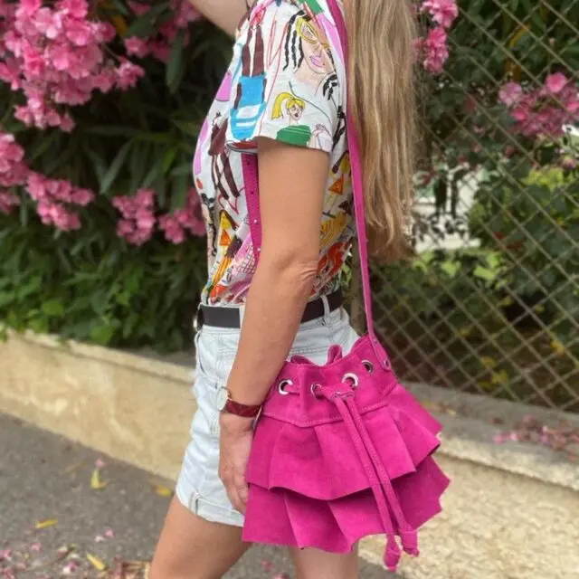 Maison Rottier - Sac Seau Cuir Velours Rose Fuchsia – Élise