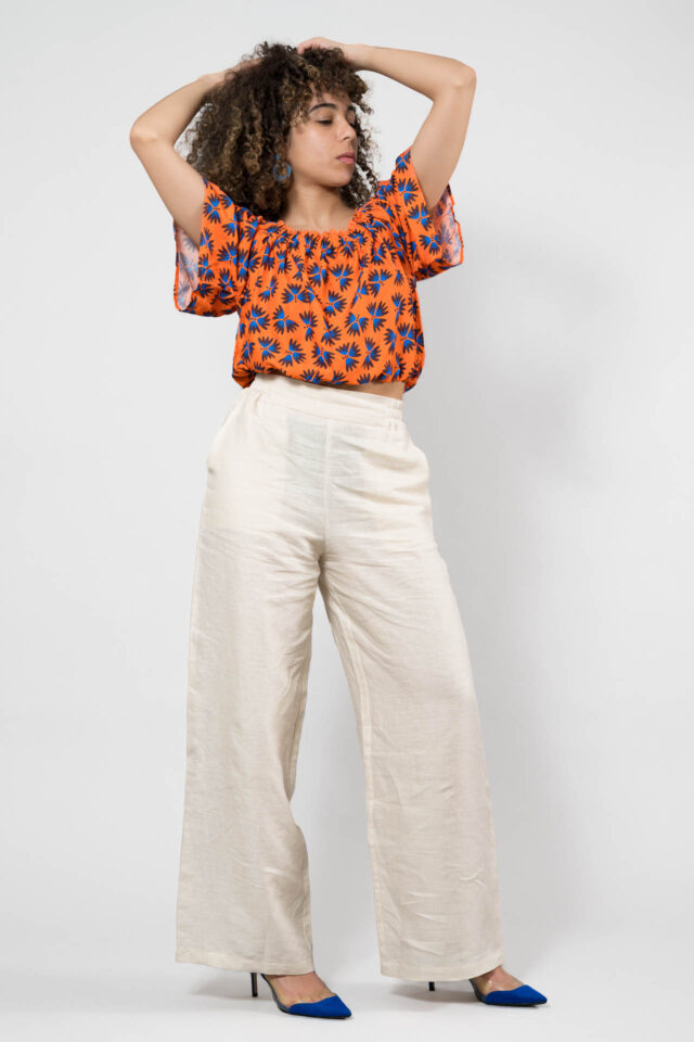Nevice - Top epaule denude orange fleurie