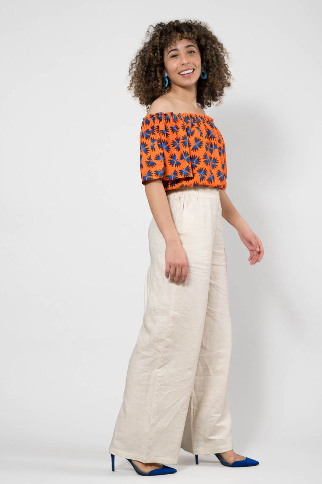 Nevice - Top epaule denude orange fleurie