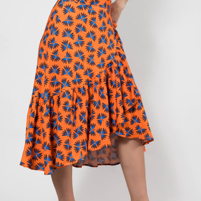 Nevice - Jupe orange fleurie porte feuille a nouer