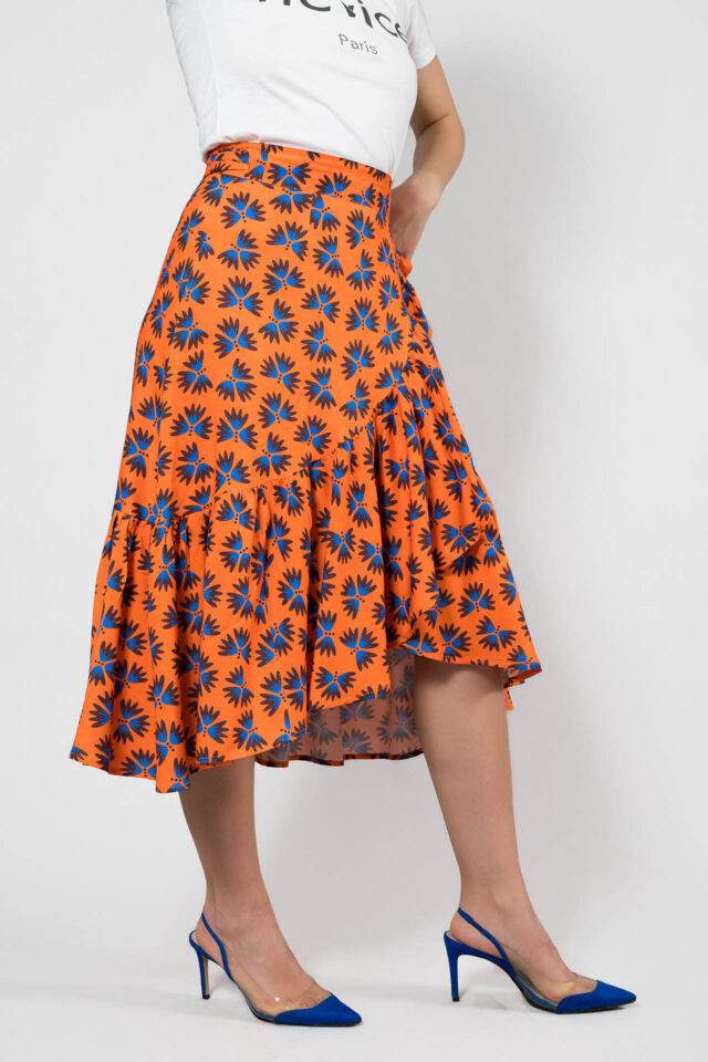 Nevice - Jupe orange fleurie porte feuille a nouer