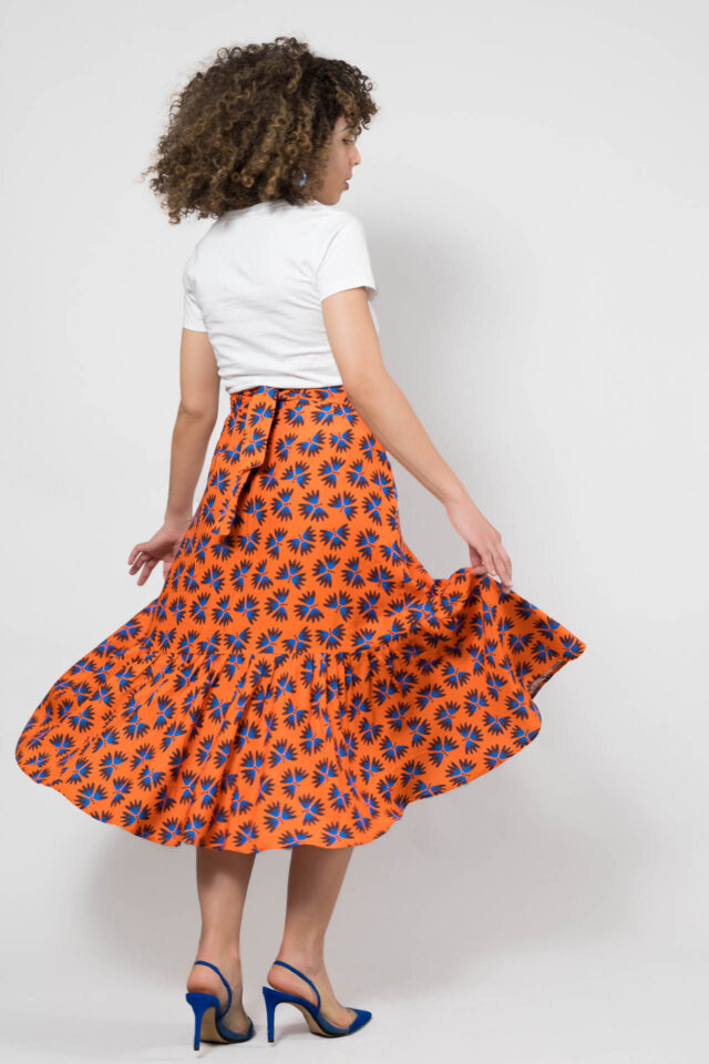 Nevice - Jupe orange fleurie porte feuille a nouer