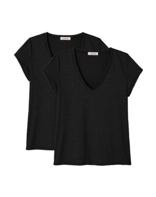 2x T-shirts col V 100% Lin – Noir – Femme – Femme par la marque Maison Lemahieu Maison Lemahieu - 2x T-shirts col V 100% Lin – Noir – Femme – Femme