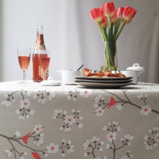 Nappe enduite Cerisier taupe/corail par la marque Fleur de Soleil Fleur de Soleil - Nappe enduite Cerisier taupe/corail