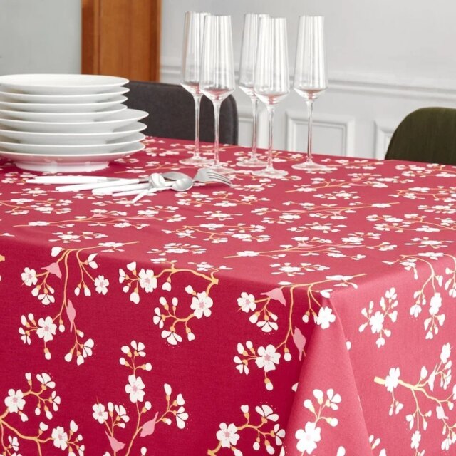 Fleur de Soleil - Nappe enduite ronde ou ovale Cerisier Bordeaux