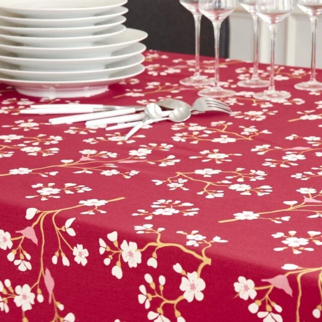 Fleur de Soleil - Nappe enduite ronde ou ovale Cerisier Bordeaux