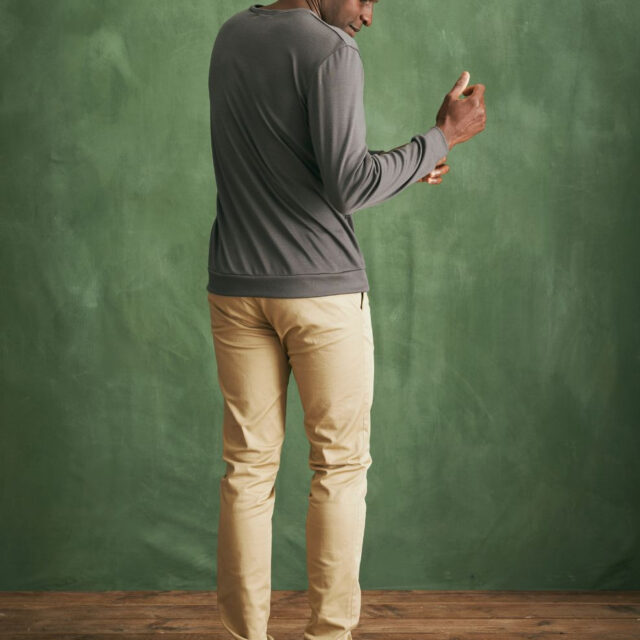 Lemahieu - Pull col V 100% Laine mérinos - Gris - Terracotta - Homme