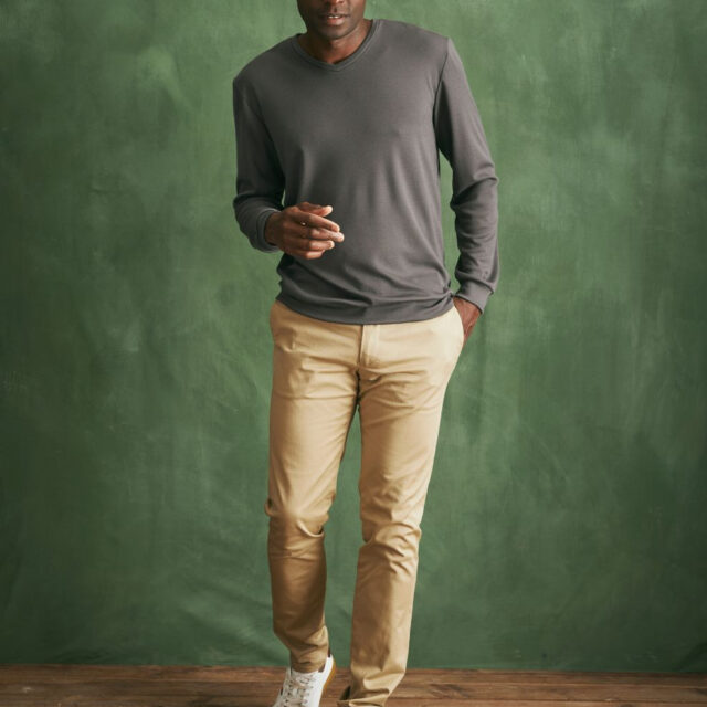 Lemahieu - Pull col V 100% Laine mérinos - Gris - Terracotta - Homme