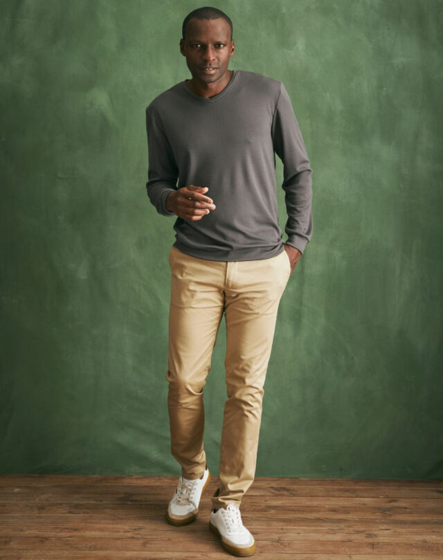 Lemahieu - Pull col V 100% Laine mérinos - Gris - Terracotta - Homme