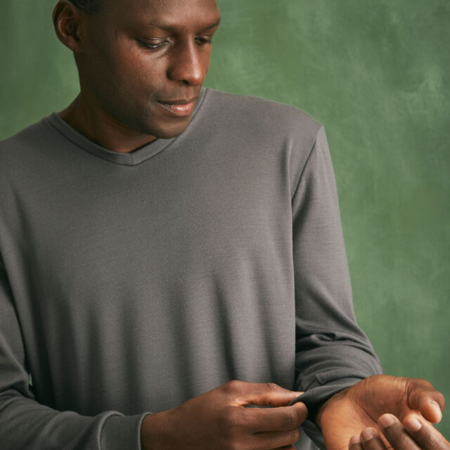 Lemahieu - Pull col V 100% Laine mérinos - Gris - Terracotta - Homme