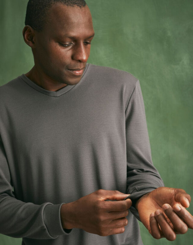 Lemahieu - Pull col V 100% Laine mérinos - Gris - Terracotta - Homme