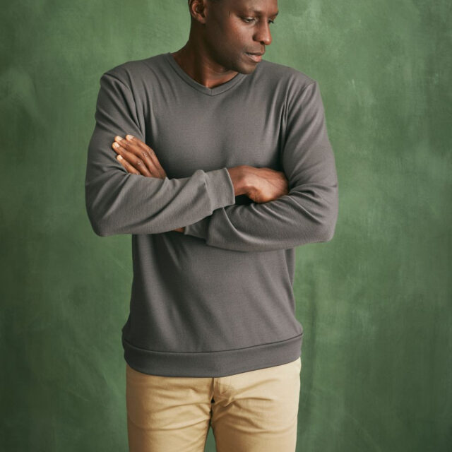 Lemahieu - Pull col V 100% Laine mérinos - Gris - Terracotta - Homme