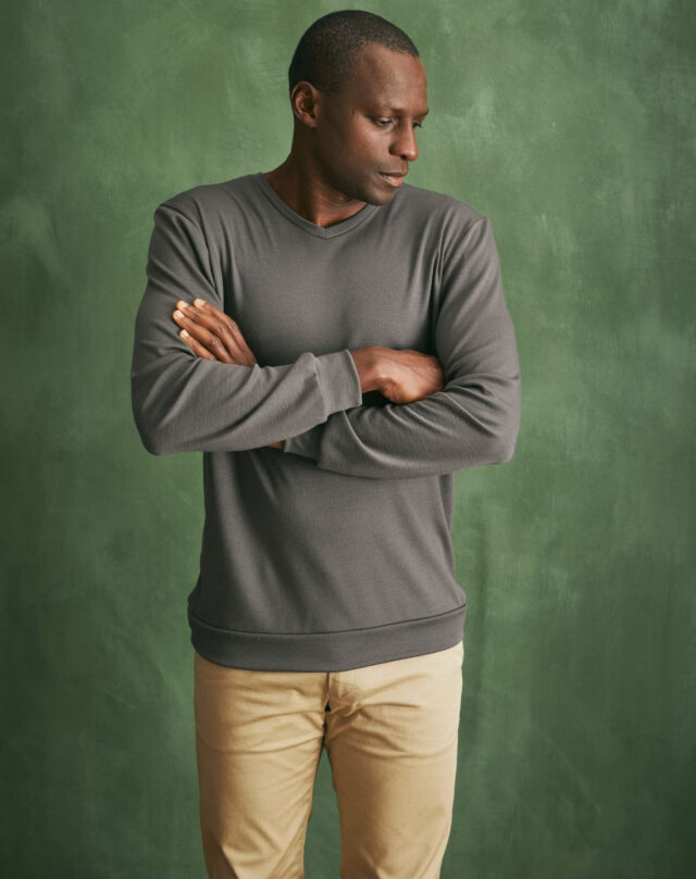 Lemahieu - Pull col V 100% Laine mérinos - Gris - Terracotta - Homme