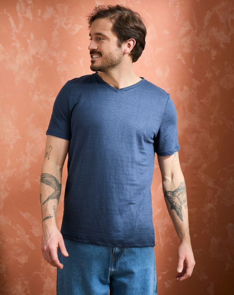 Lemahieu - T-shirt col V 100% Lin - Marine - Homme