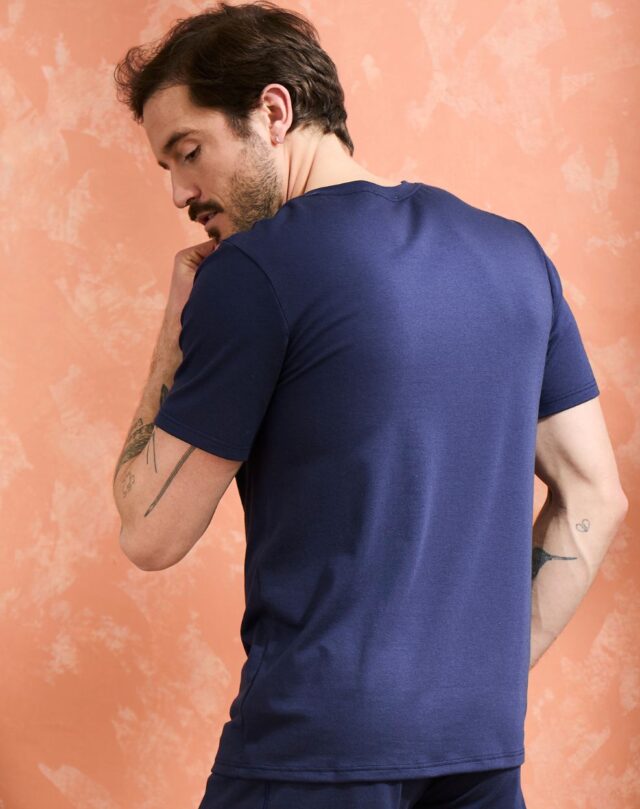 Lemahieu - T-shirt coton modal à poche - Marine - Col V - Homme