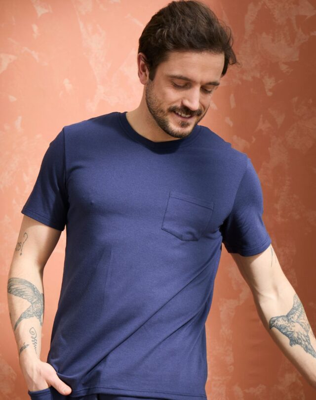 Lemahieu - T-shirt coton modal à poche - Marine - Col V - Homme