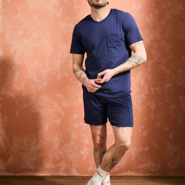 Lemahieu - T-shirt coton modal à poche - Marine - Col V - Homme