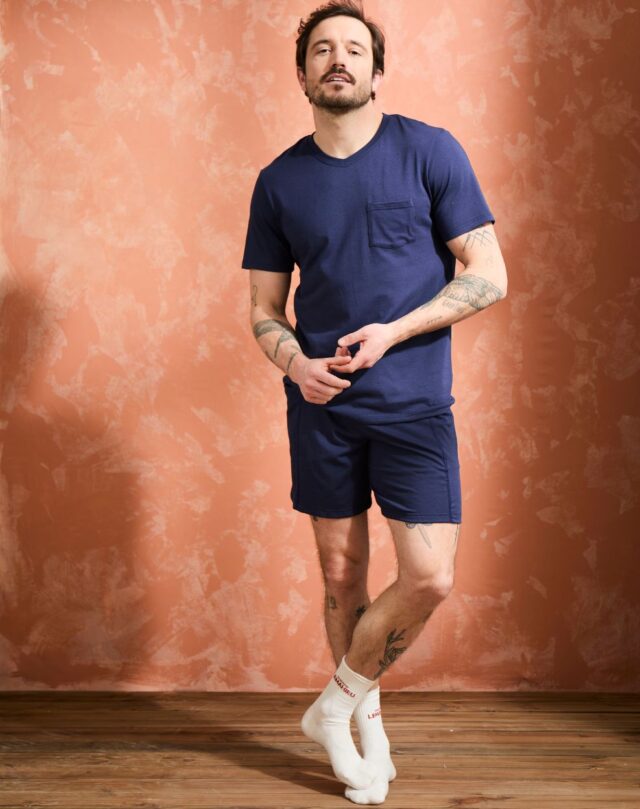 Lemahieu - T-shirt coton modal à poche - Marine - Col V - Homme