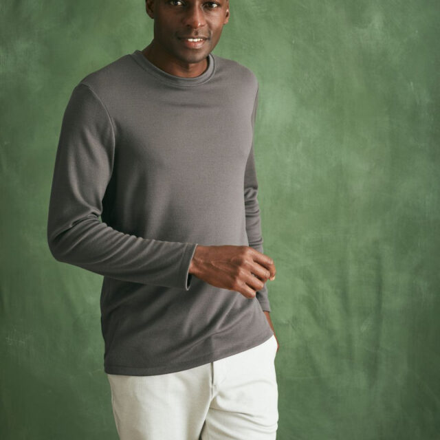 Lemahieu - Pull col rond 100% Laine Mérinos - Gris - Terracotta - Homme