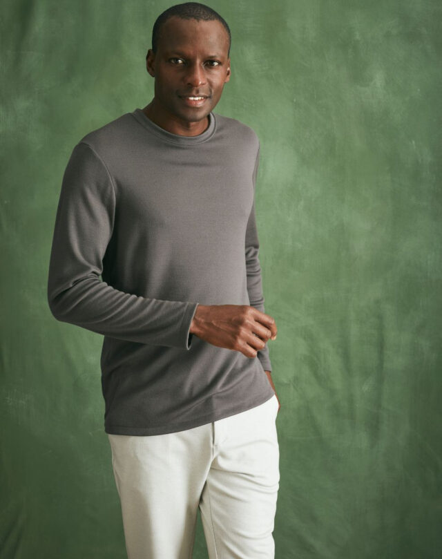 Lemahieu - Pull col rond 100% Laine Mérinos - Gris - Terracotta - Homme