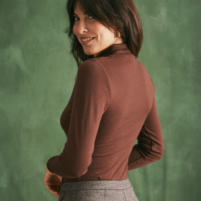 Lemahieu - T-shirt ML col montant Laine Mérinos - Chocolat - Femme